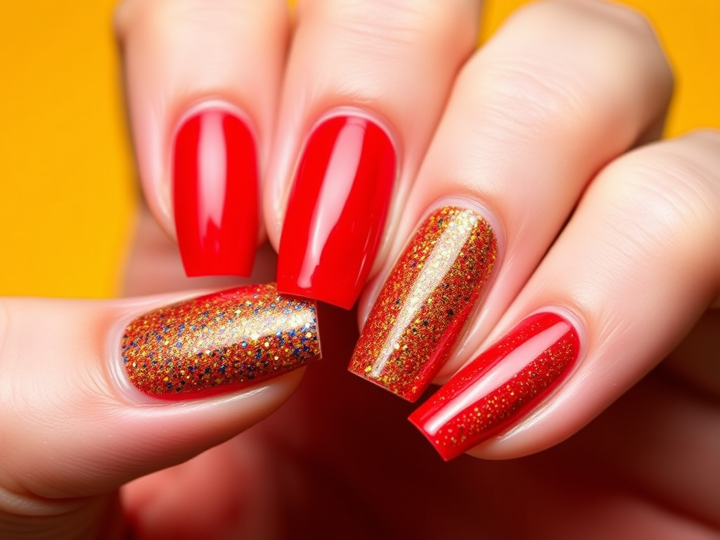 Des ongles brillants : rouges vifs et un accent pailleté doré avec des éclats multicolores sur un fond jaune.