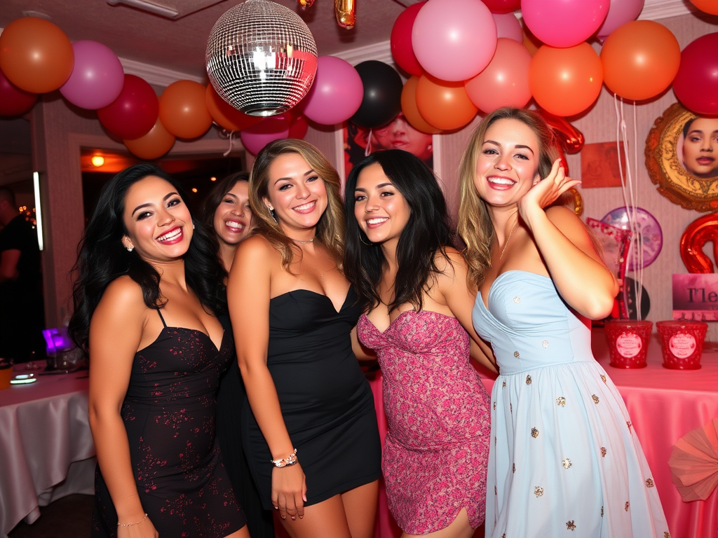 Cinq femmes souriantes posent ensemble dans une fête, entourées de ballons colorés et décorations festives.