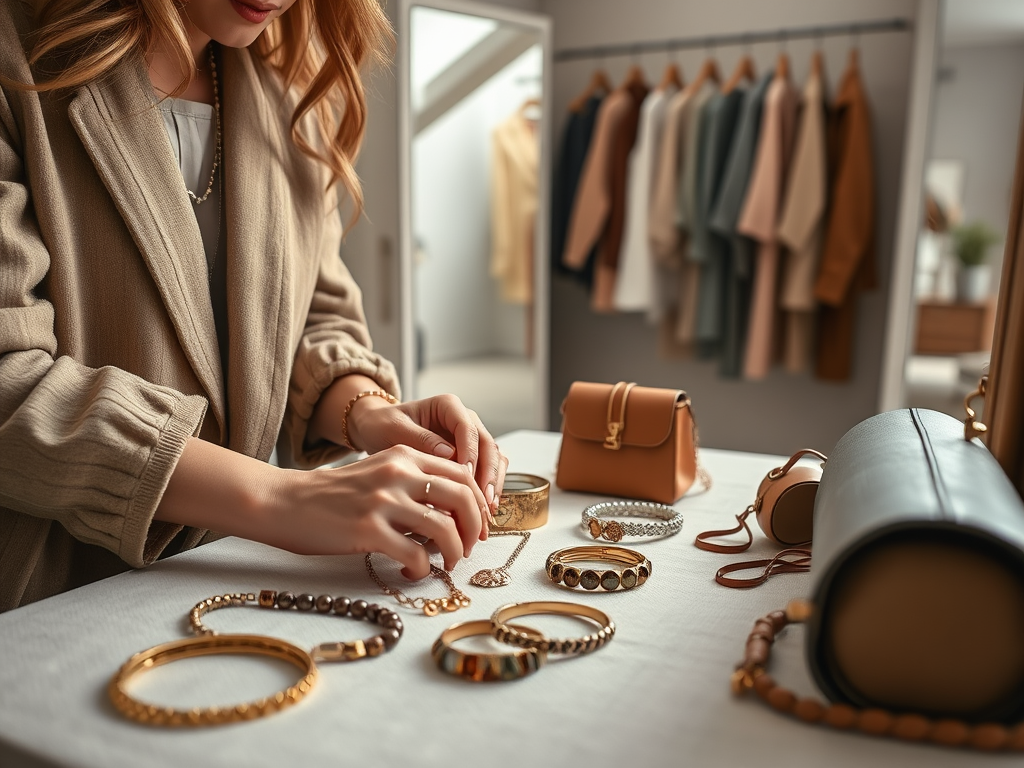 Une femme choisit des bijoux sur une table, avec des vêtements accrochés en arrière-plan.