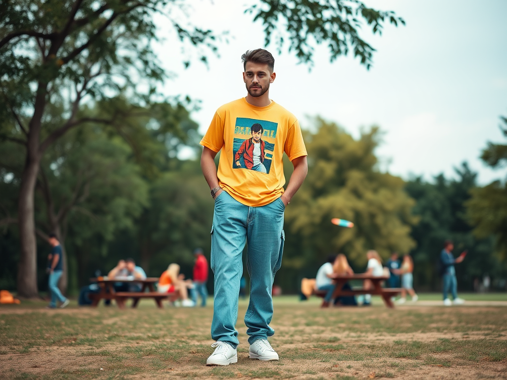 Un jeune homme en t-shirt jaune et pantalon bleu se tient dans un parc avec des gens en arrière-plan.