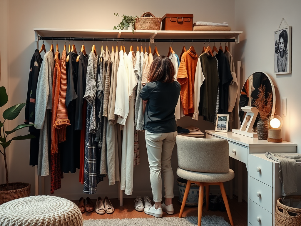 Une personne examine des vêtements accrochés dans une chambre élégante avec un miroir et du mobilier minimaliste.