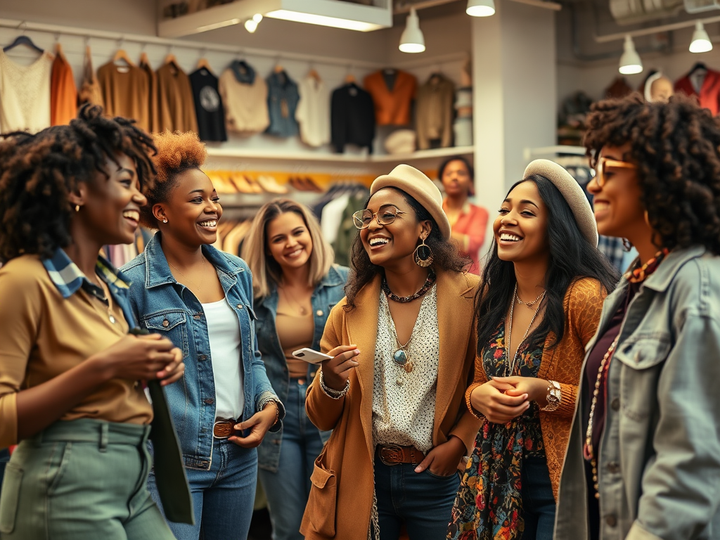 Un groupe de femmes souriantes discute joyeusement dans une boutique de mode, entourées de vêtements.