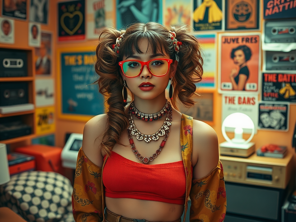 Une jeune femme au style rétro, portant des lunettes rouges et des bijoux, pose dans une pièce colorée et vintage.