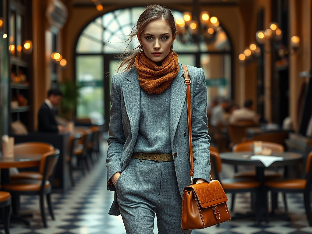 Une femme élégante porte un costume gris et une écharpe orange dans un café chic et moderne.