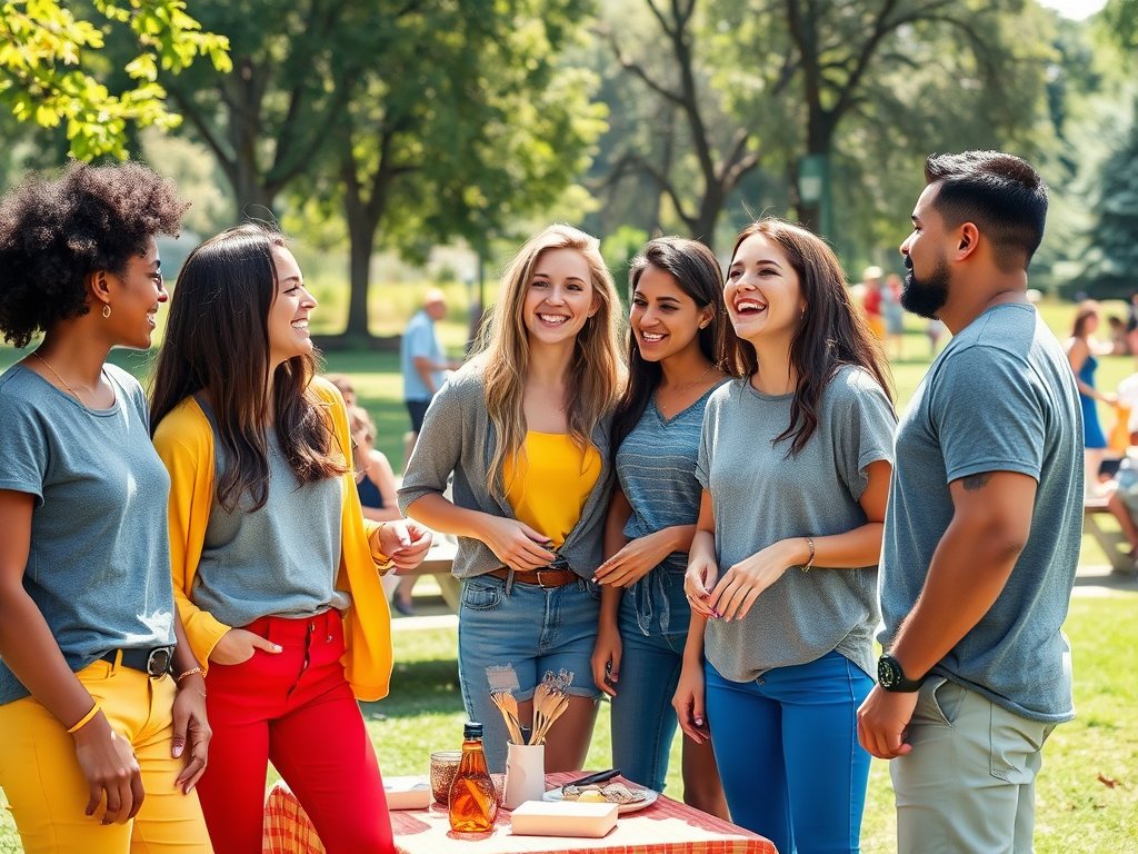 Un groupe d'amis souriants discute joyeusement lors d'un pique-nique dans un parc ensoleillé.