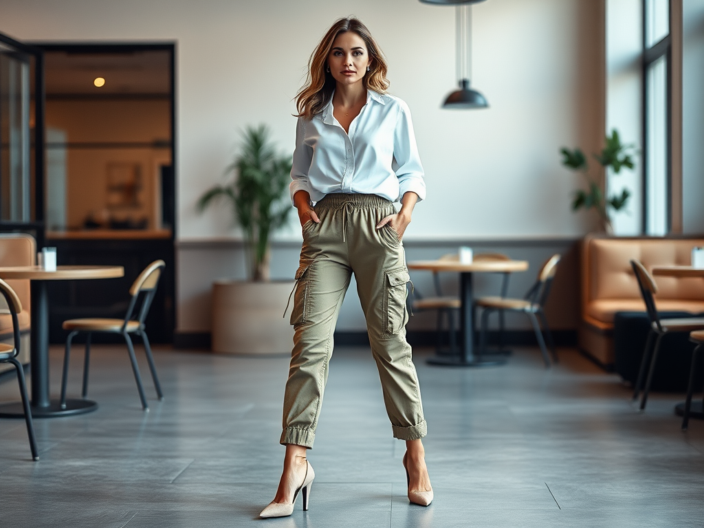 Femme élégante en chemise blanche et pantalon cargo kaki, posant dans un café moderne avec des tables en bois.