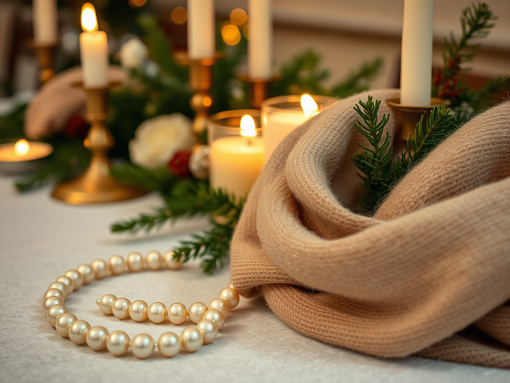 Une table élégante avec des bougies, un cachemire beige, des perles et des éléments naturels pour une ambiance chaleureuse.