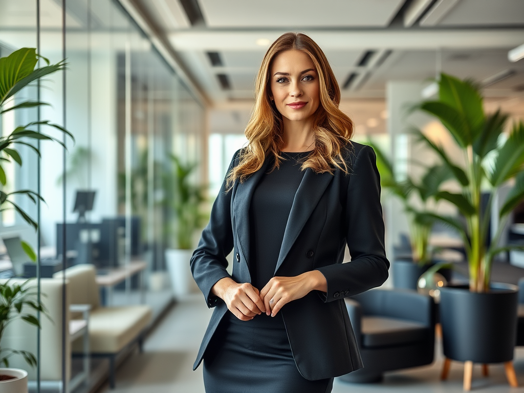 Une femme souriante en tenue professionnelle se tient dans un bureau moderne, entourée de plantes.