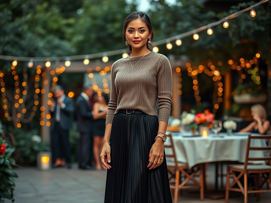 Une femme élégante en pull et jupe se tient avec confiance dans un cadre festif décoré de lumières.