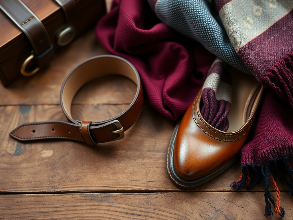 Une chaussure en cuir, une ceinture marron et des écharpes sur un fond en bois. Accessoires élégants.