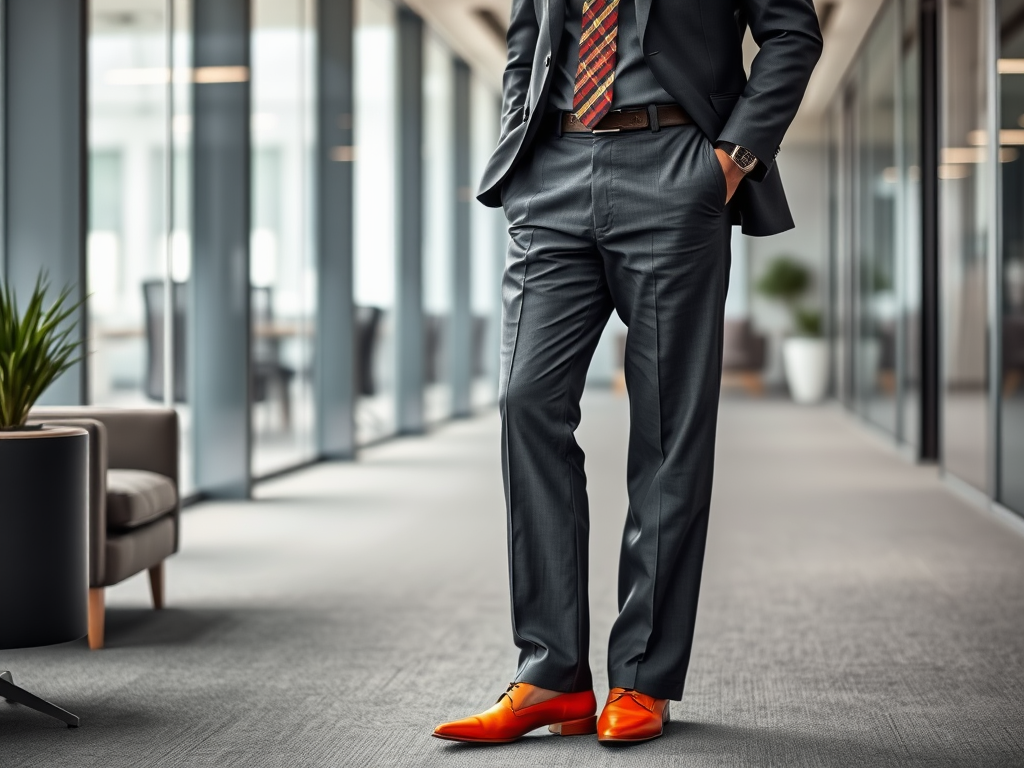 Un homme en costume gris avec des chaussures orange se tient dans un bureau moderne, les mains dans les poches.