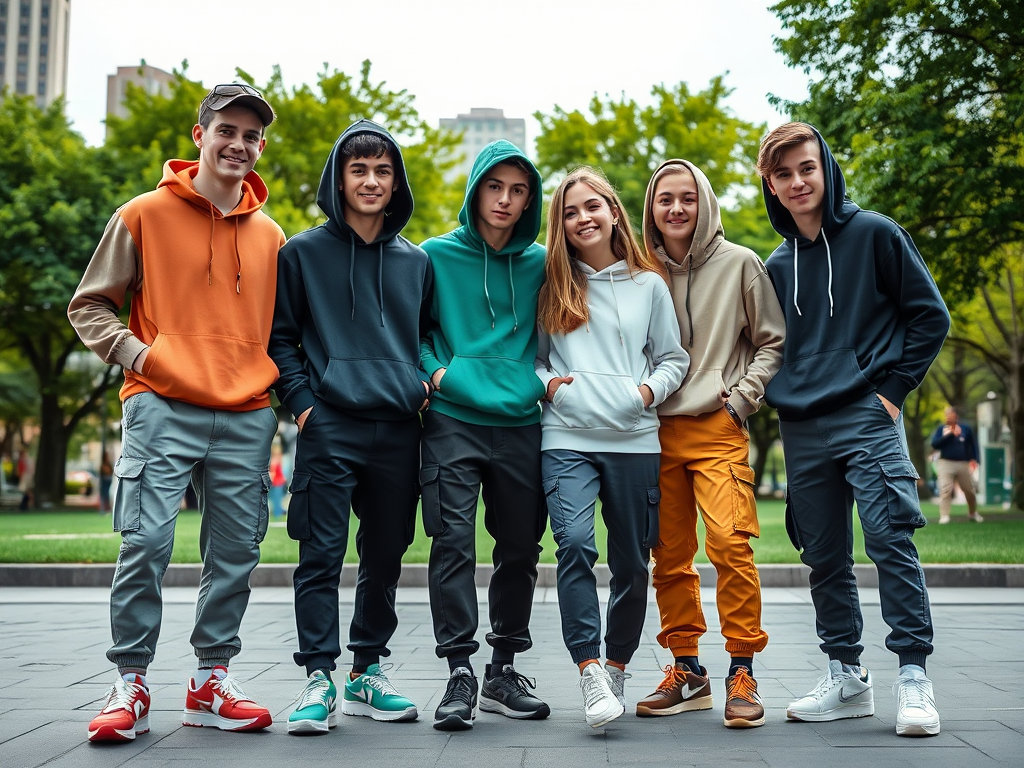 Un groupe de six jeunes amis, chacun portant un sweat à capuche coloré, pose dans un parc urbain.