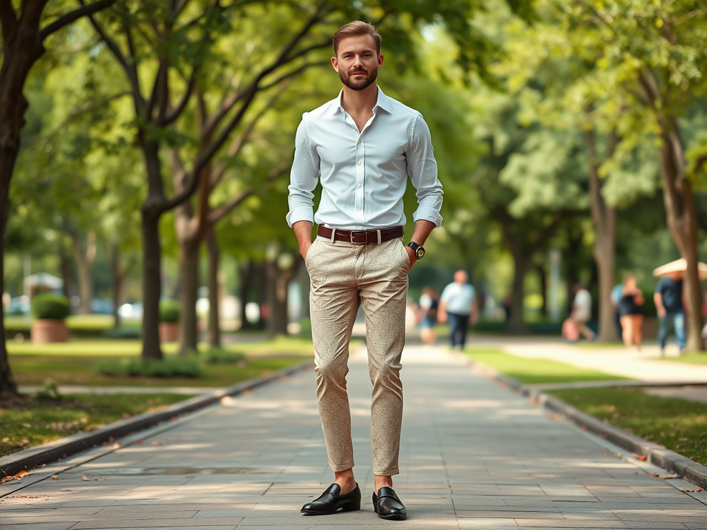 Un homme élégant en chemise blanche et pantalon clair marche dans un parc bordé d'arbres.