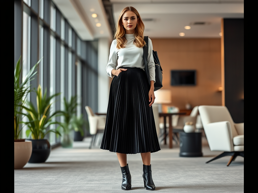 Une jeune femme élégante porte une jupe plissée noire et un haut clair, debout dans un espace moderne.