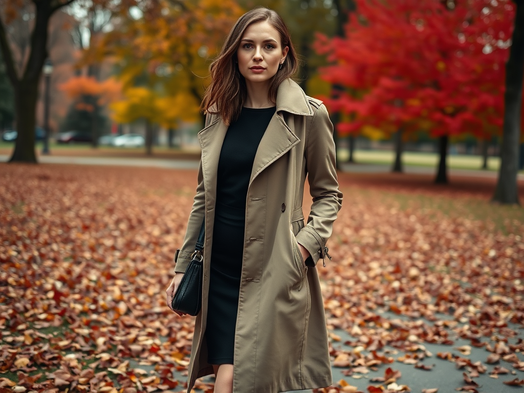 Une femme élégante en trench beige se tient dans un parc aux feuilles d'automne, portant une robe noire.